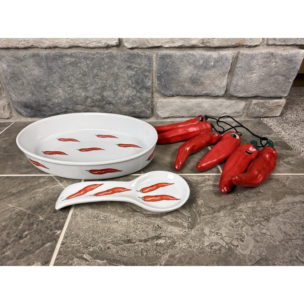 VTG Red Chili Pepper Lot, BIA Cordon Bleu Baking Dish, Spoon Rest, Ristra Decor